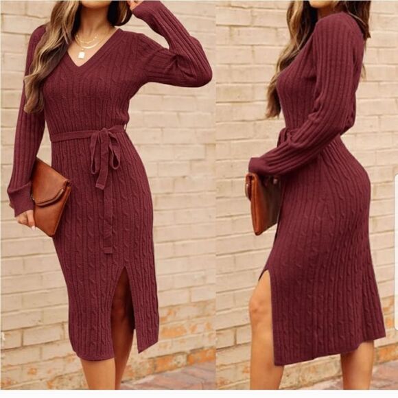 Dresses & Skirts - Fall Burgundy MEROKEETY Women's Cable Knit Midi Sweater Dress medium NWOT